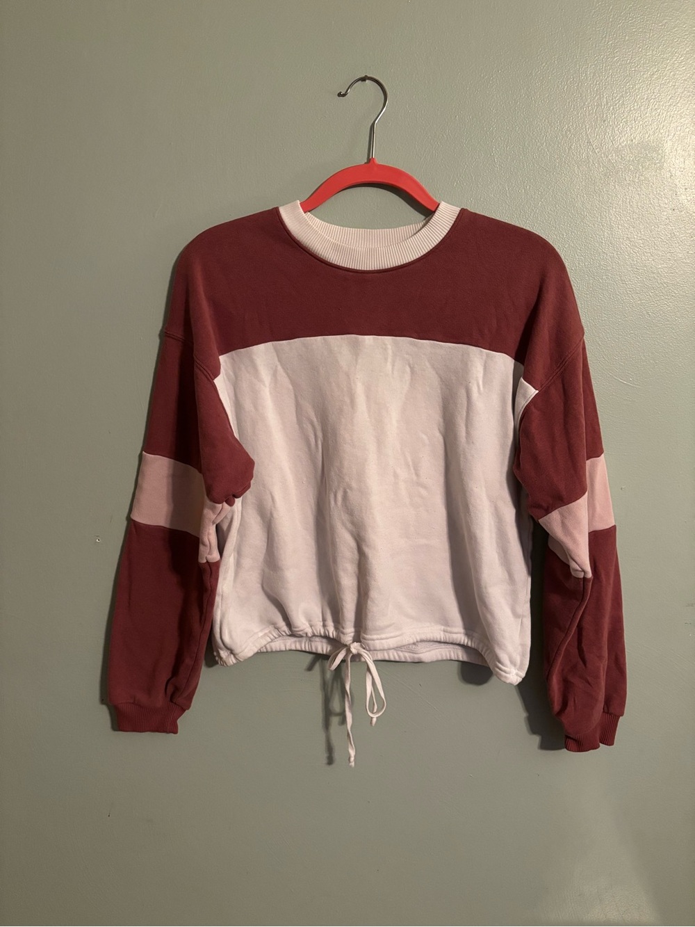 American Eagle Outfitters Two-Tone Burgundy and White Drawstring Sweatshirt